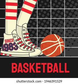 Basketball Game With Illustration  In Tournament Vintage Basketball Shoes,modern Sports Posters Design Pop Art Black Color Background.