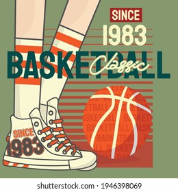 Basketball Game With Illustration  In Tournament Vintage Basketball Shoes,modern Sports Posters Design Pop Art Gray Color Background.