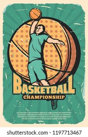 Basketball game league retro poster with player and leather ball. Vintage brochure for sport championship or tournament and team activity, jumping sportsman in sportswear shabby leaflet vector