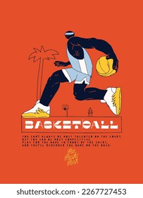 Basketball game on the court near the palm-tree typography silkscreen t-shirt print vector illustration.