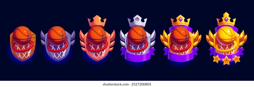 Basketballspiel Rang Award. Sportabzeichen mit Korb, Lorbeerkranz, Krone, Reifen und Ball. Cartoon Vektor Trophäe Ikone Progression symbolisiert Sieg, Leistung, Energie und Triumph für Sport-Gaming