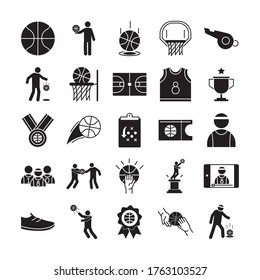 basketball game, recreation sport silhouette style icons set vector illustration
