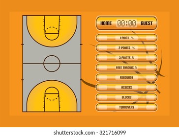 Basketball game report.Basketball court and game statistics vector illustration