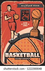 Basketball game retro poster. Vector player and ball in basket. Vintage sport championship or tournament poster design. Running sportsman in sportswear, shabby leaflet