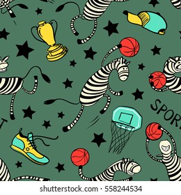 Basketball game seamless pattern with doodle cute zebra player. Background with sport attribute - cup, basket, shoe, stars, ball. Action poses. Vector illustration