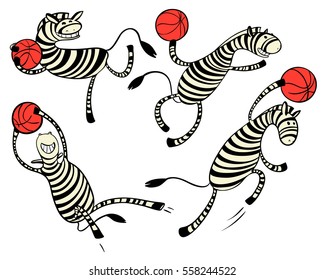 Basketball game set with doodle cute zebra player. Character with ball. Action poses. Vector illustration