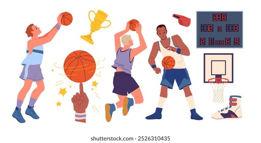 Jogo de basquete. Dribble e dunk moções de jogador, aro e bola girando no dedo, tênis e ouro copo troféu do vencedor do torneio, placar e assobio desenhos animados vetor ilustração