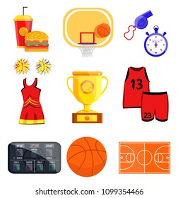 Basketball game set. Flat cartoons style vector illustration icons on white. Basketball cheerleaders. Basketball fan accessories: clothes, referee, whistle, stopwatch, court, ball, trophy, fast food.