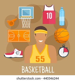 Basketball Game Symbol For Ball Sports Theme Design With Guard Player In Yellow Shirt And Headband, Ball, Court And Backboard With Basket, Red Jersey, Shoe, Whistle And Stopwatch