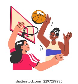 Basketball game. Team players during the game. Athlete throws the ball into the basket. Teen or young adult female characters in a sportswear play with a ball. Flat vector illustration.