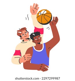 Basketball game. Team players during the game. Athlete throws the ball into the basket. Teen or young adult male characters in a sportswear play with a ball. Flat vector illustration.