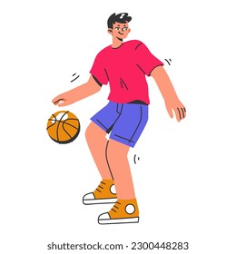 Basketball game. Team players during the game. Athlete holding an orange ball. Teen or young adult male character in a sportswear play basketball. Flat vector illustration.