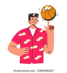 Basketball game. Team players during the game. Athlete holding an orange ball. Teen or young adult male character in a sportswear play basketball. Flat vector illustration.