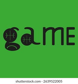 Basketball game text. Black ball symbol. Play word design. Vector green background.
