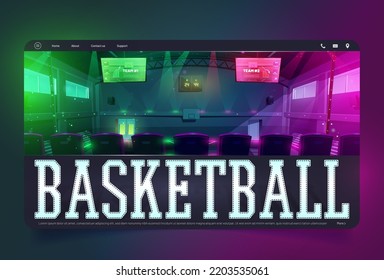 Basketball Game Tournament Cartoon Landing Page. High School Team Or Junior College League Competition. Gymnasium Background With Hoop, Displays And Spectator Seats, Vector Illustration, Web Banner,