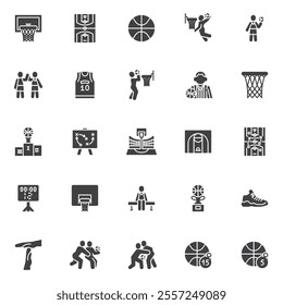 Basketball game vector icons set, modern solid symbol collection, filled style pictogram pack. Signs, logo illustration. Set includes icons as Hoop, Ball, Court, Slam Dunk, Jersey, Referee, Strategy 