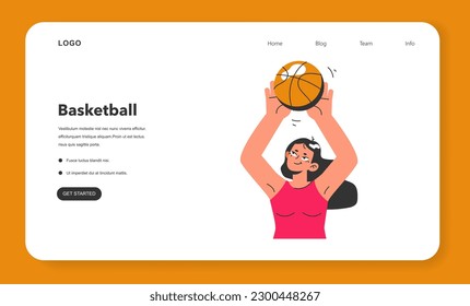 Basketball game web banner or landing page. Team players during the game. Athlete throws the ball into the basket. Teen characters in a sportswear play with a ball. Flat vector illustration.