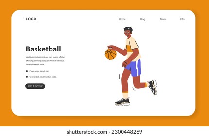 Basketball game web banner or landing page. Team players during the game. Athlete holding an orange ball. Teen or young adult male character in a sportswear play basketball. Flat vector illustration.