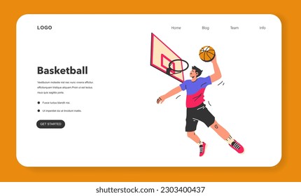 Banner web o página de inicio del partido de baloncesto. Jugadores de equipo durante el juego. El atleta arroja la pelota a la canasta. Caracter masculino adolescente en un juego de ropa deportiva con una pelota. Ilustración vectorial plana.