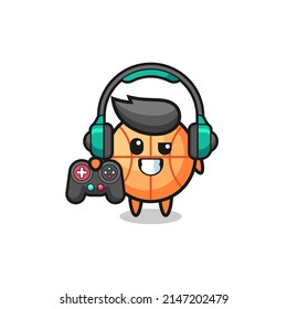 basketball gamer mascot holding a game controller , cute design