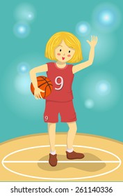 A basketball girl with red costume holding a basket ball on shiny court.