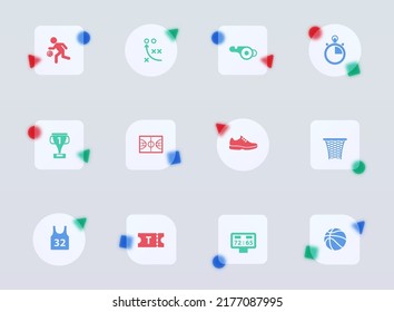 basketball glass morphism trendy style icons. basketball transparent glass color vector icon with color figures. for web and ui design, mobile apps and promo business advertising