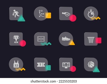 basketball glass morphism trendy style icons. basketball transparent glass vector icons with color memphis figures. for web and ui design, mobile apps and promo business advertising