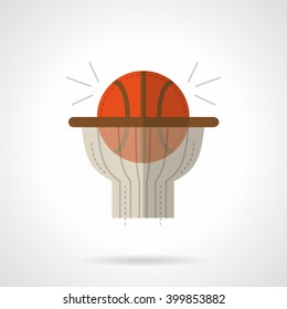 Basketball goal symbol. Orange ball in hoop with net.  Direct hit. Sport success. Flat color style vector icon. Web design element for site, mobile and business.