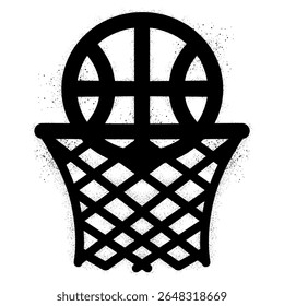 Basketball goes into the basketball hoop with black spray paint graffiti