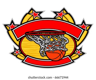 A basketball going through a hoop with a banner arching over the top and under the bottom.