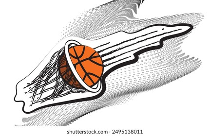 Basketball going through the net on an abstract orange background with halftone pattern and motion design, great sport illustration