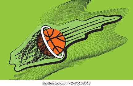 Basketball going through the net on an abstract orange background with halftone pattern and motion design, great sport illustration