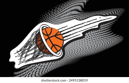 Basketball going through the net on an abstract orange background with halftone pattern and motion design, great sport illustration