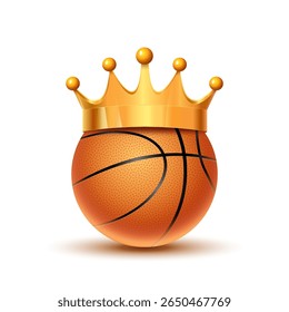 Basketball with golden crown on top symbolizing victory, championship, sports royalty or MVP achievement on white background.