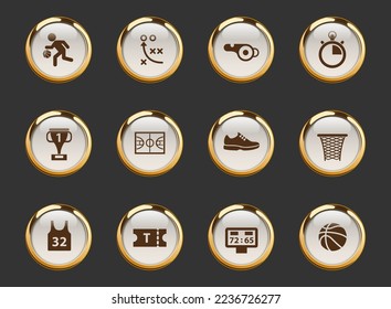 basketball gold-rimmed vector icons on dark background. basketball icons in gold frame for web, mobile and ui design