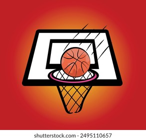 Basketball gracefully scoring through a hoop, fans cheering in the arena. Passionate sport symbolizing competition and teamwork