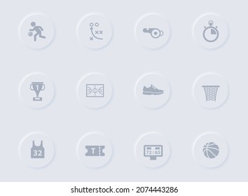 Basketballgraue Vektorsymbole auf runden Gummiknöpfen. Basketballsymbol für Web, mobile Apps, i-Design und Förderung der Unternehmenspolygraphie