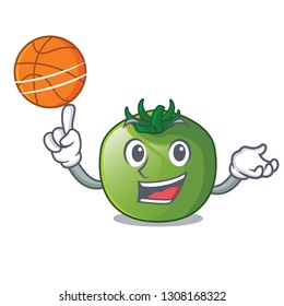 With basketball green tomato in cartoon vegetable basket