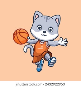 Basketball Grey Cat Cute Cartoon Character Illustration