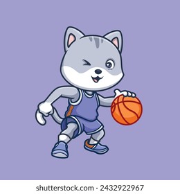 Basketball Grey Cat Cute Cartoon Character Illustration