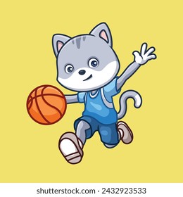 Basketball Grey Cat Cute Cartoon Character Illustration