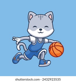 Basketball Grey Cat Cute Cartoon Character Illustration