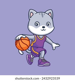 Basketball Grey Cat Cute Cartoon Character Illustration