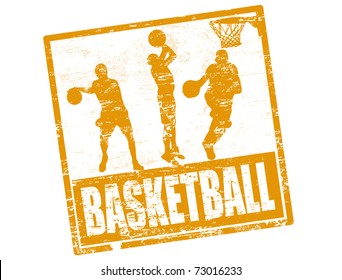Basketball grunge stamp with players silhouette, vector illustration