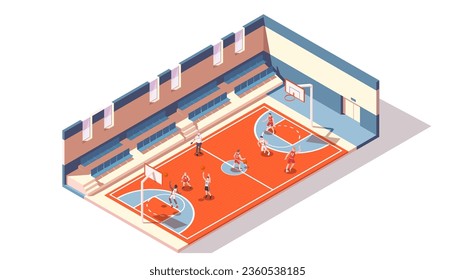 Basketball hall, sportsman play game at court, sport activity. Perfect place for match, athlete training, competition. Concept of exercise for tournament. Isometric vector illustration