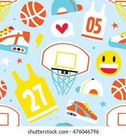 Basketball hand drawn cartoon objects seamless vector pattern blue