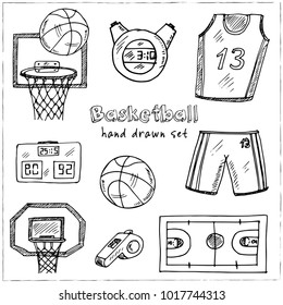 Basketball Hand drawn doodle set. Vector illustration. Isolated elements on white background. Symbol collection.