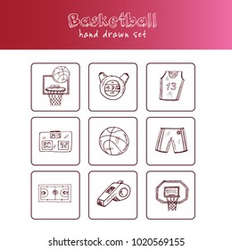 Basketball Hand drawn doodle set. Vector illustration. Isolated elements on white background. Symbol collection.
