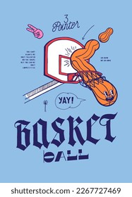 Basketball with happy face bouncing off the backboard through the hoop. Wobbly basketball character scoring basket. Yay! Basketball vintage typography silkscreen t-shirt print vector illustration.