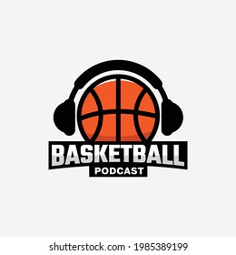 BasketBall With Headphone Logo Design Template. Suitable For Basketball Sport Streaming Podcast Broadcast Radio Channel Business Brand Simple Modern Logo Design.